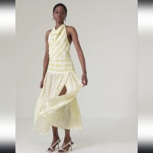 NWT Banana Republic Yellow White Crepe Cowl Halter Open Back Flowy Slit Dress